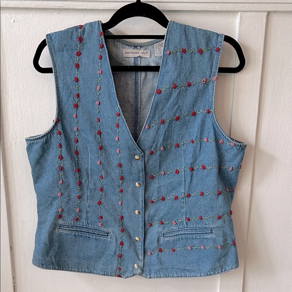 Northern Isles Jackets & Blazers - Vintage Northern Isles Embroidered Denim Vest — Blue with Pink Floral Accents L